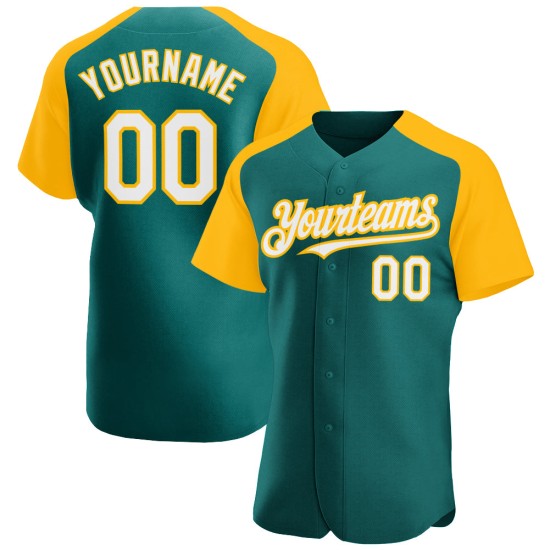 Authentic White-Gold Jersey Raglan Teal Sleeves Baseball Custom Authentic White-Gold Jersey Raglan Teal Sleeves Baseball Custom